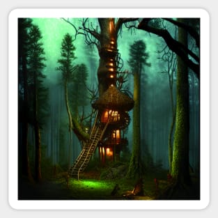 Magical Cottage Tree House with Lights in Forest with High Trees, Scenery Nature Sticker